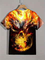 3D Burning Skull Print Men's Short Sleeve T-shirt Graphic Tee