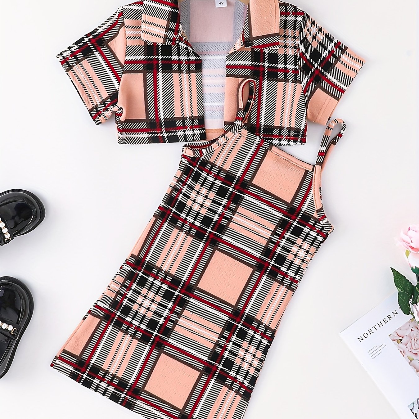2pcs Toddler Girls Plaid Cami Dress & Crop Blouse Top Set