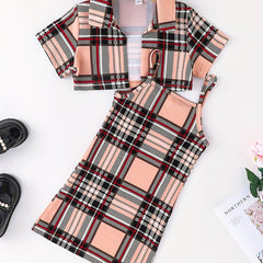 2pcs Toddler Girls Plaid Cami Dress & Crop Blouse Top Set