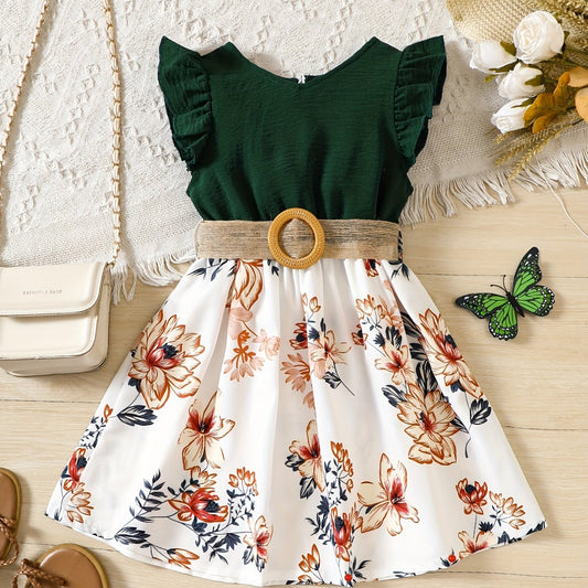 Girl's V Neck Dress Butterfly Sleeve Princess Dress For Beach Vacation