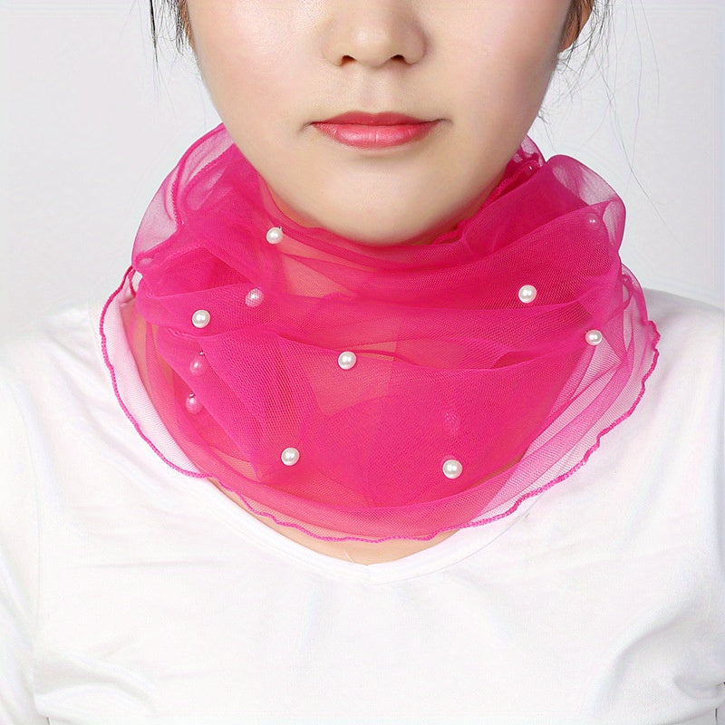 Faux Pearl Decor Ruffles Scarf Solid Warm Neck Gaiter Infinity Scarf