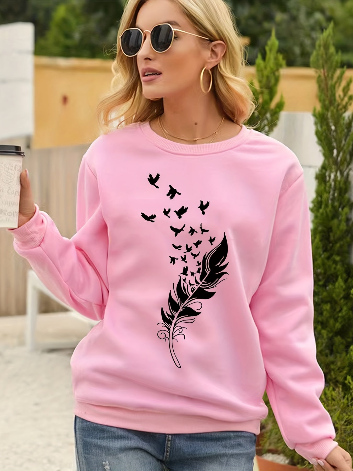 Feather Print Pullover Sweatshirt Loose Fit for Fall & Winter