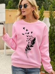 Feather Print Pullover Sweatshirt Loose Fit for Fall & Winter