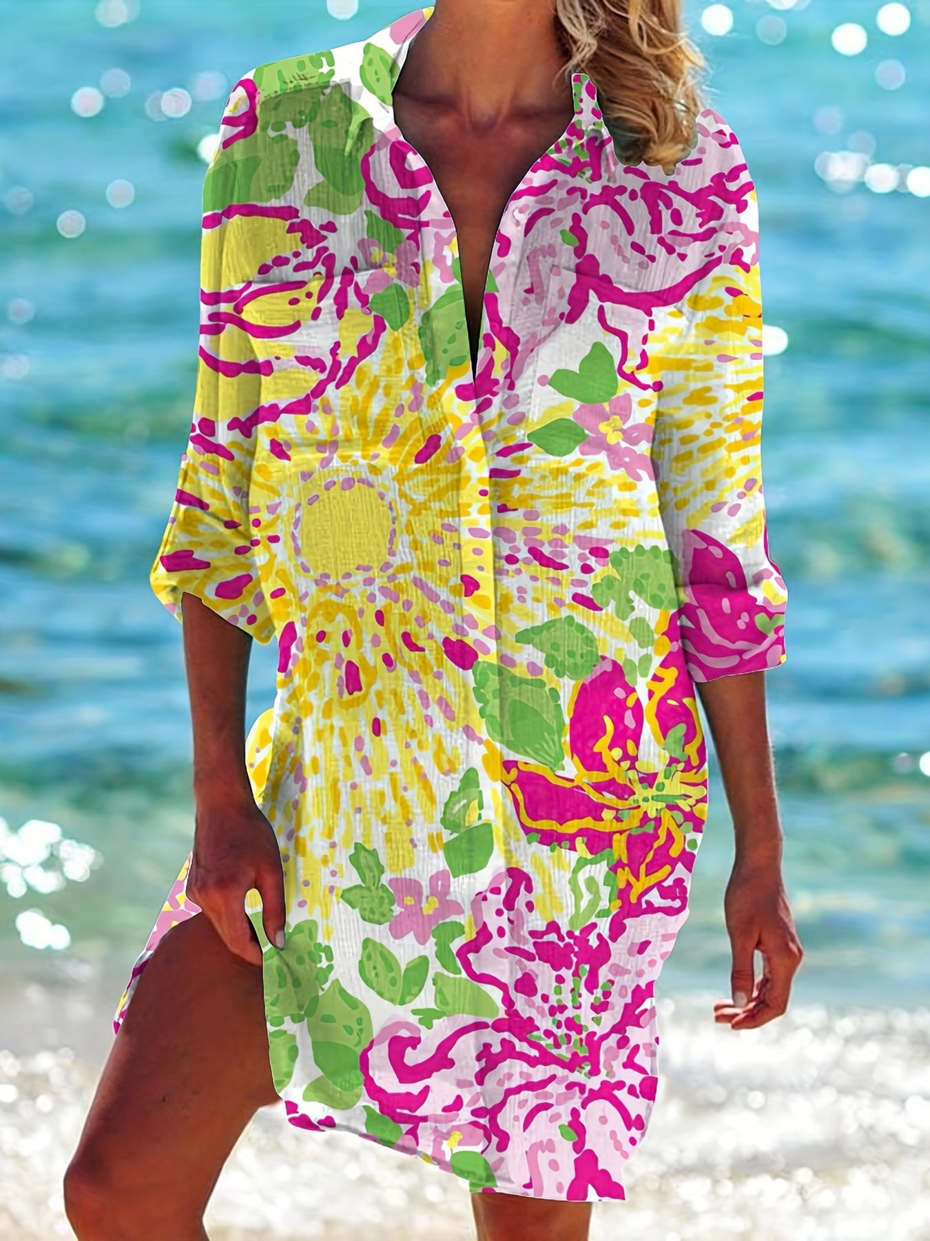 Abstract Print Button Up Long Sleeve Shirt Dress