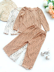 Floral Pattern Kid's Pajamas Set Long Sleeve Top & Pants Comfy PJ Set