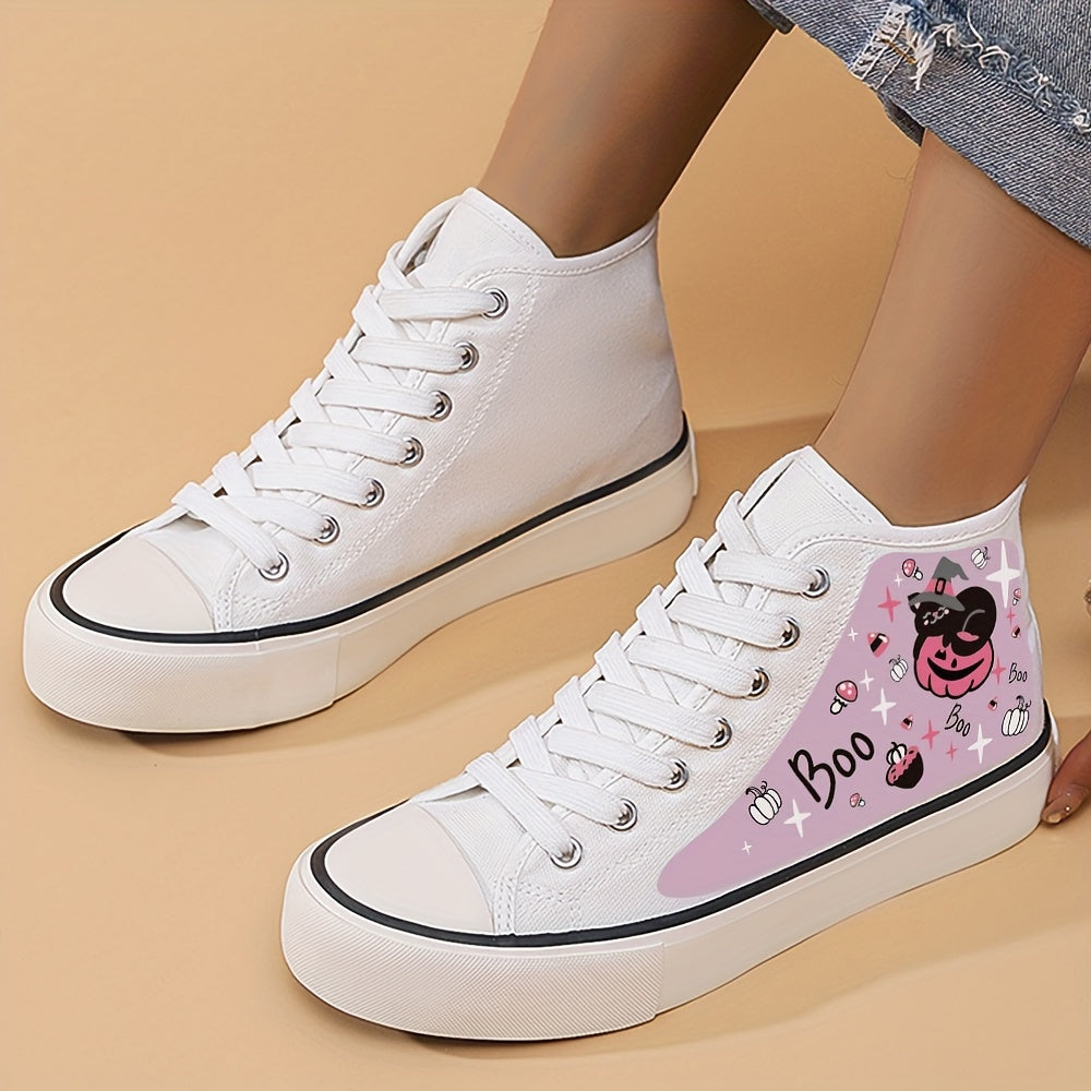 Cartoon Print High Top Canvas Sneakers Lace Up Skate Shoes