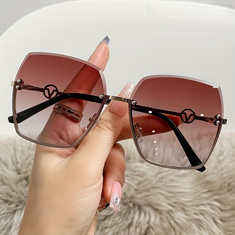 Oversized Gradient Lens Sunglasses Metal Temple Rimless Glasses UV400