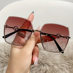 Oversized Gradient Lens Sunglasses Metal Temple Rimless Glasses UV400