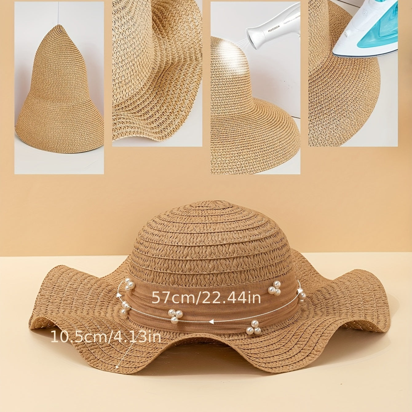 Ruffles Sun Hat Faux Pearl Straw Hat Sunscreen