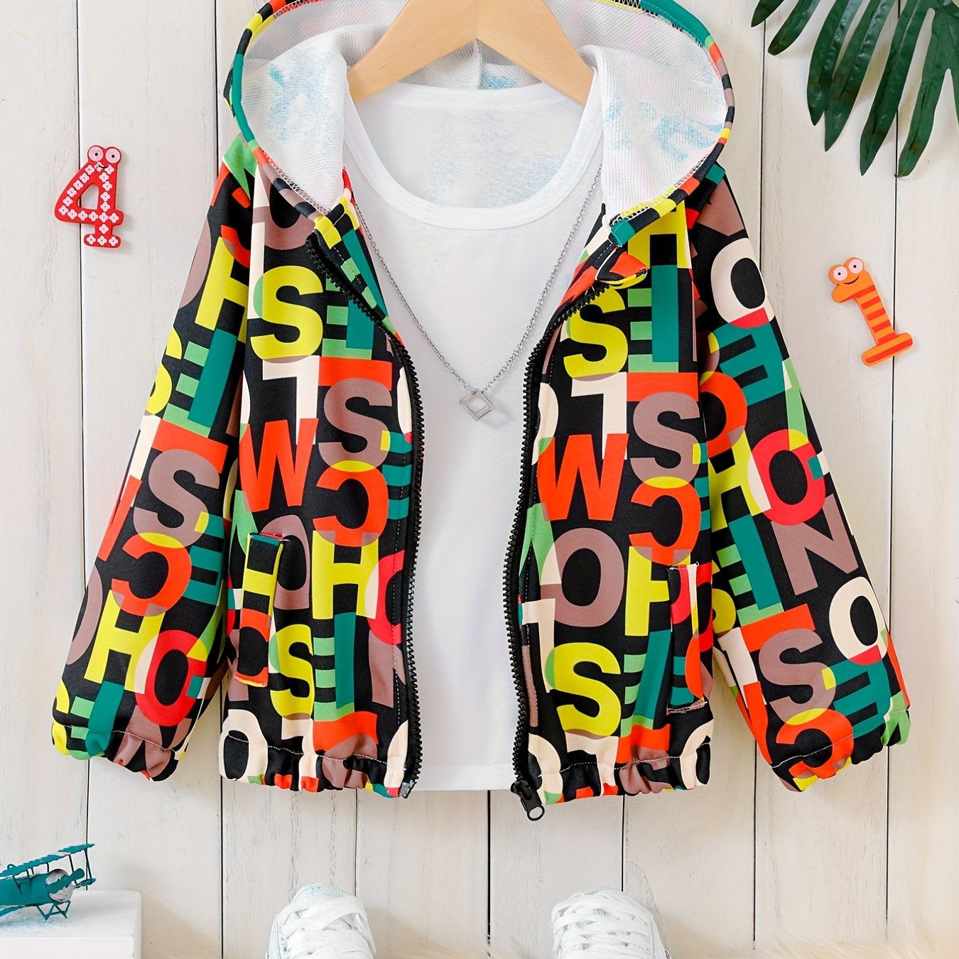 Boys Letter Hooded Long Sleeves Zip Jacket