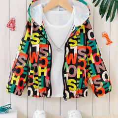 Boys Letter Hooded Long Sleeves Zip Jacket