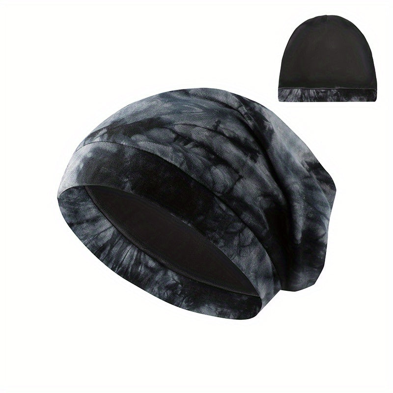 Tie Dye Print Soft Beanie Satin Lined Elastic Bonnet Sleeping Night Cap