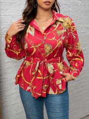 Chain Print Button Up Belted Blouse