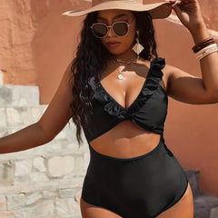 Women's Plus Solid V Neck Ruffle Trim Cut Out One Piece High Stretch Swimsuit