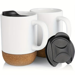 2pcs 15oz Ceramic Coffee Mugs Water Cup Wide Mouth Handle Lid