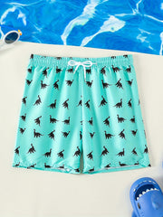 Dino Print Boy's Swim Trunks Elastic Waist Beach Shorts