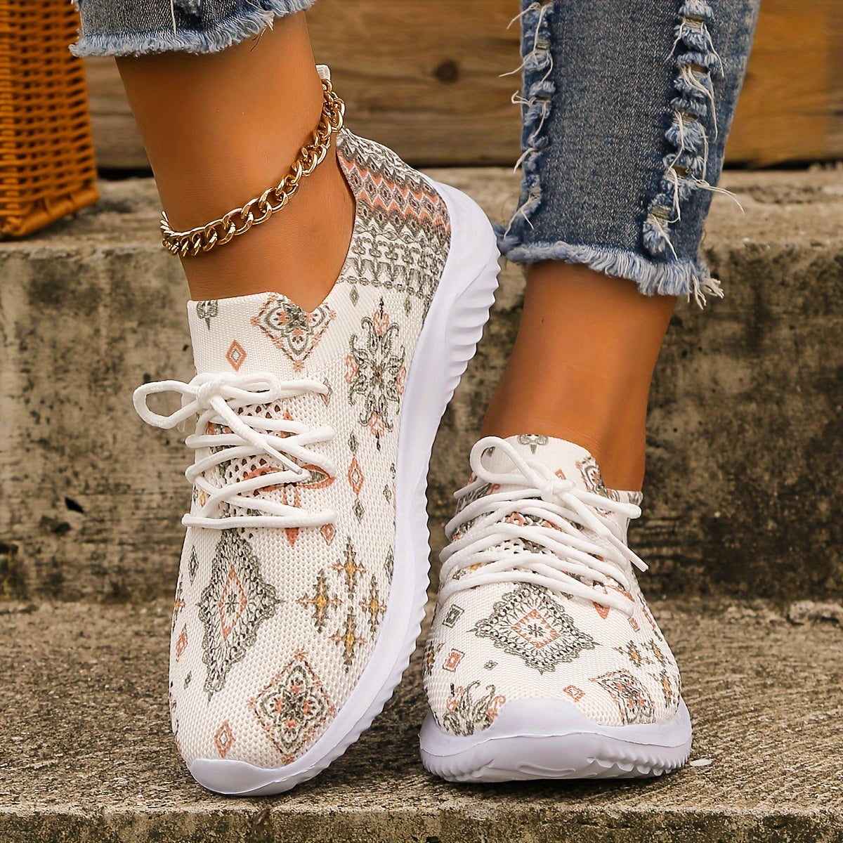 Baroque Print Mesh Lightweight Running Shoes Non Slip Outdoor Sneakers