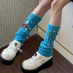Colorful Button Decor Knitted Leg Warmers Knee High Socks Women's Stockings