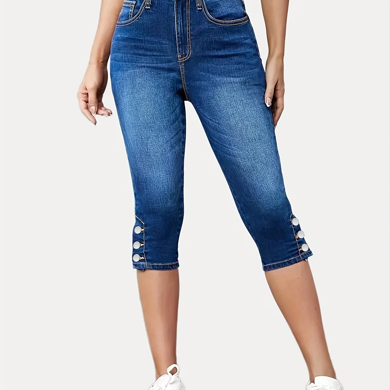 High Waist Capris Denim Jeans Single Breasted Button Slim Fit Casual Denim