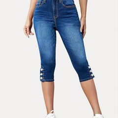 High Waist Capris Denim Jeans Single Breasted Button Slim Fit Casual Denim