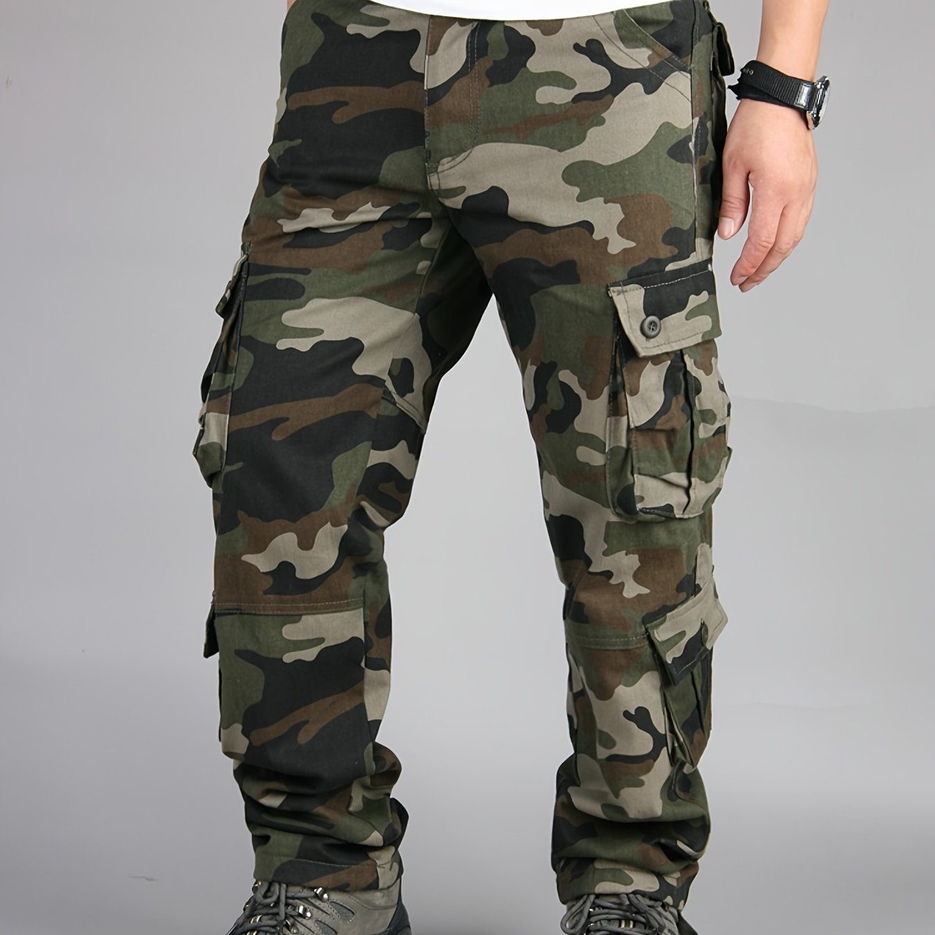 Solid Cotton Men's Cargo Pants for Outdoor Activities
