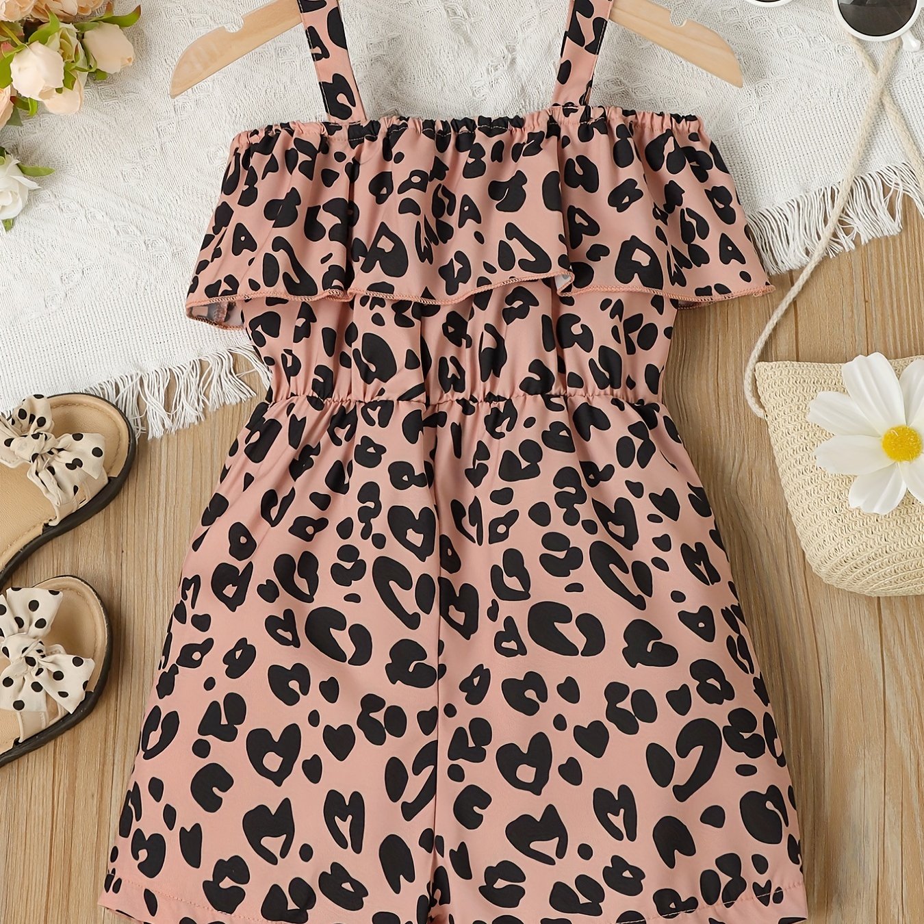 Girls Summer Leopard Print Sleeveless Jumpsuit Ruffle Outfit