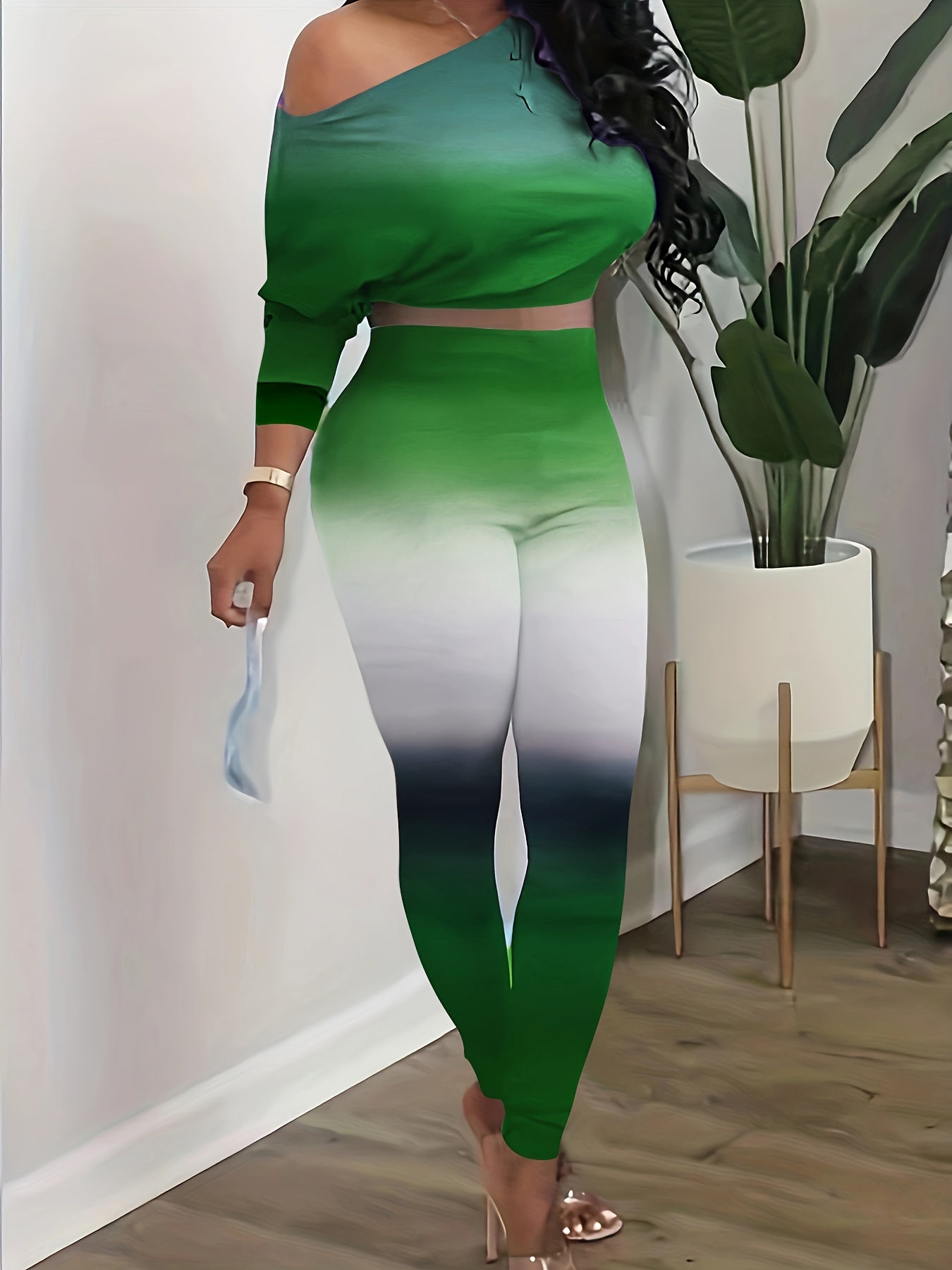 Casual Gradient Two piece Set Cold Shoulder Long Sleeve Top & Slim Pants Outfits