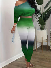 Casual Gradient Two piece Set Cold Shoulder Long Sleeve Top & Slim Pants Outfits