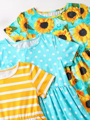 Girls Striped Sunflower Cartoon Print Flying Sleeve Dress