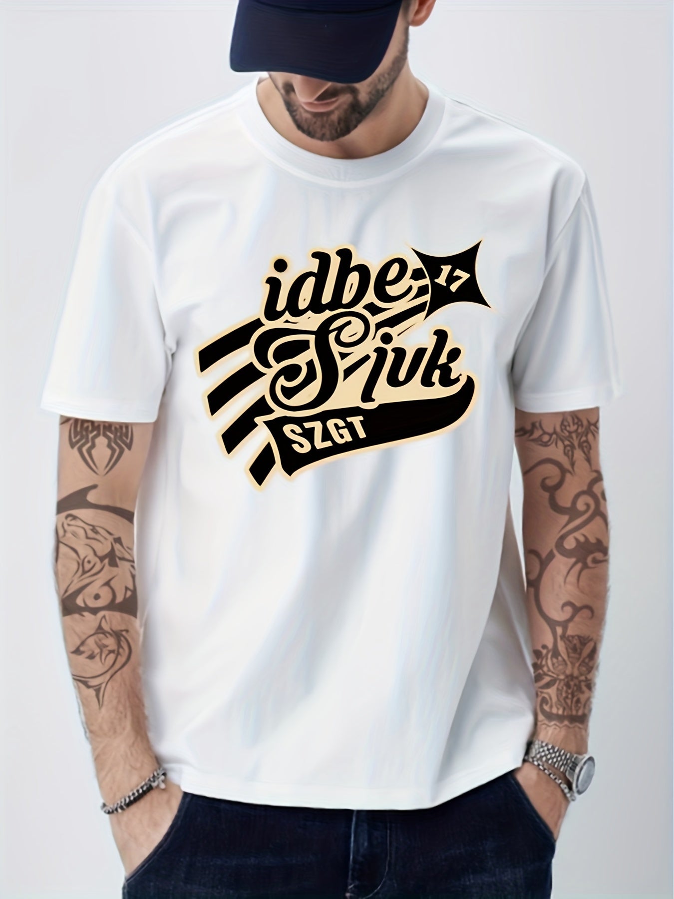 Solid Cotton Retro Letter Print Men's Graphic Crew Neck T shirt