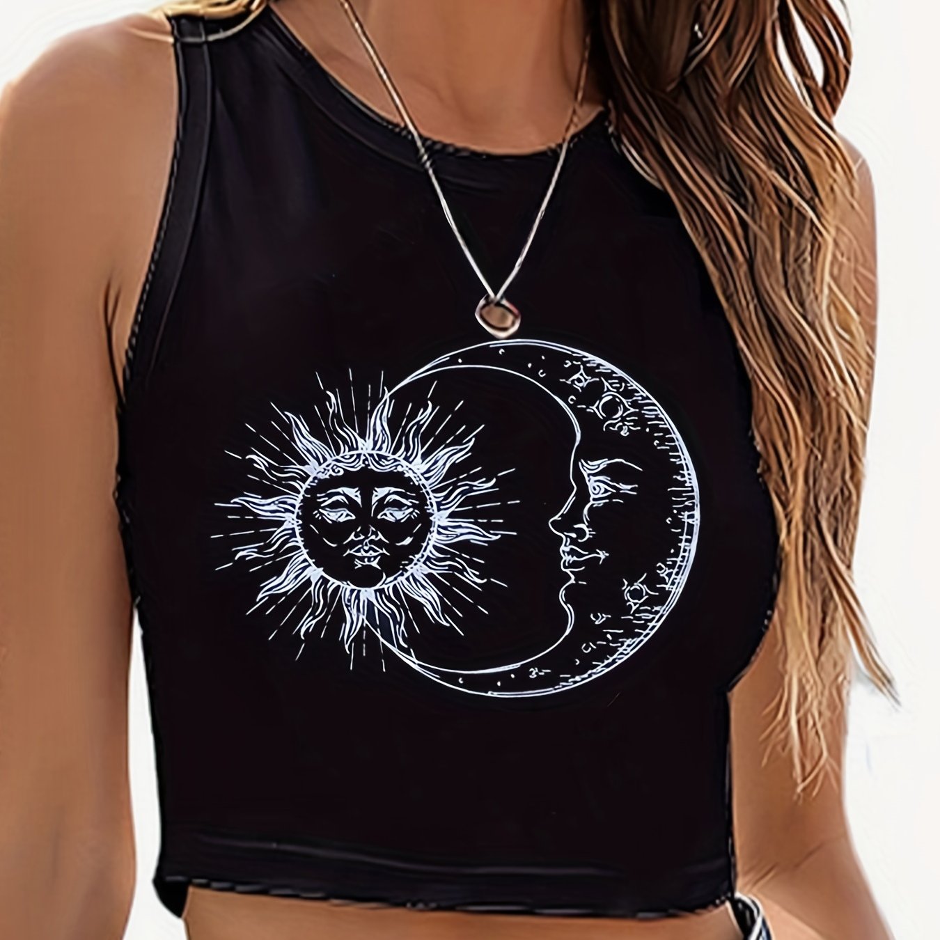 Funny Sun & Moon Graphic Crop Tank Top