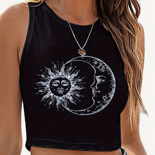 Funny Sun & Moon Graphic Crop Tank Top