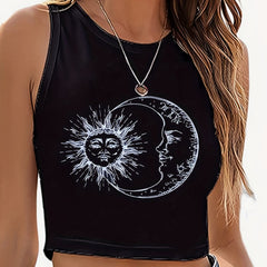 Funny Sun & Moon Graphic Crop Tank Top
