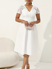 V Neck Button Front Wedding Dress Short Sleeve Dress