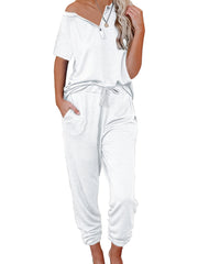 Casual Solid 2pc Set Short Sleeve Button T-shirt & Drawstring Pants