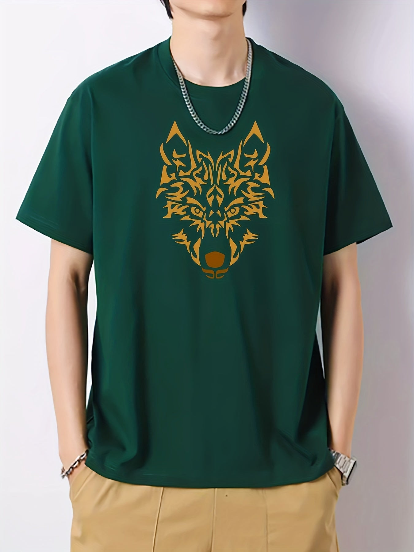 Wolf Print Men's Cotton Graphic Crew Neck Active T shirt