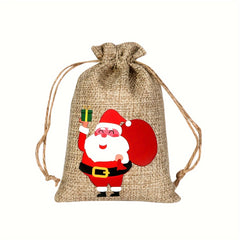 6pcs Christmas Candy Bags Set Drawstring Linen Bag for Holidays