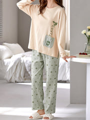 Bunny Print Lounge Set Long Sleeve Top & Pants Women's Sleepwear