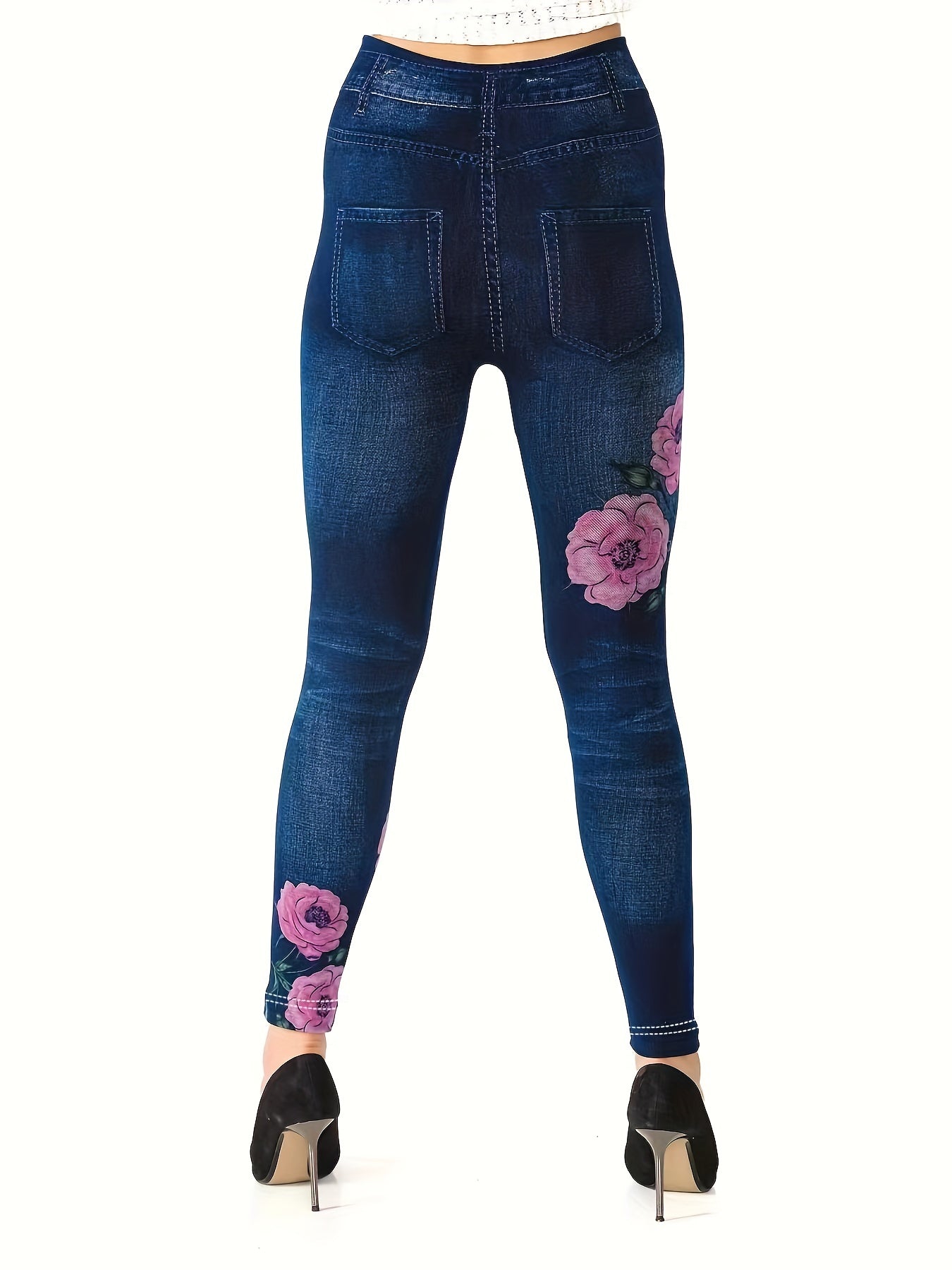 Denim & Floral Print Skinny Leggings Women's Clothing