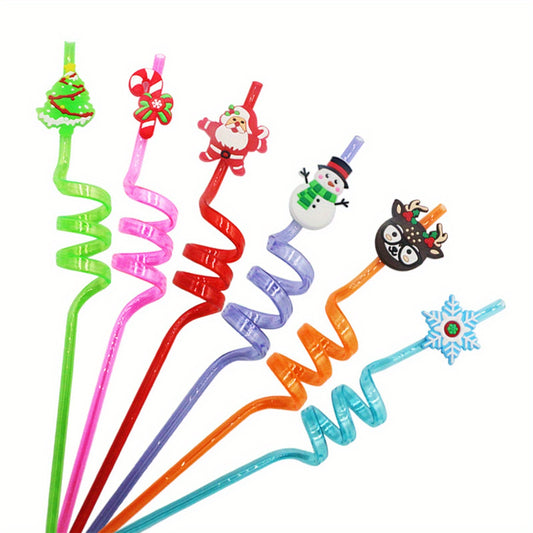6pcs Christmas Element Bent Straw Christmas Party Tableware