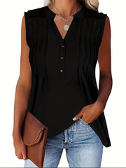 V Neck Tank Top Button Front Sleeveless Solid Summer Top