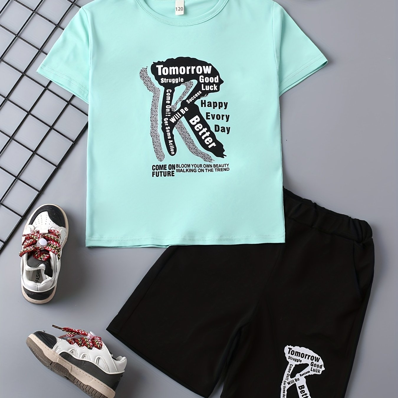 Alphabet Crew Neck T shirt & Elastic Waist Shorts Set for Boys
