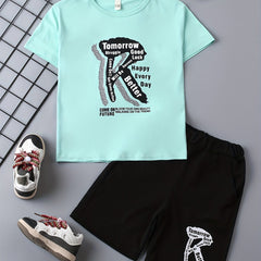 Alphabet Crew Neck T shirt & Elastic Waist Shorts Set for Boys
