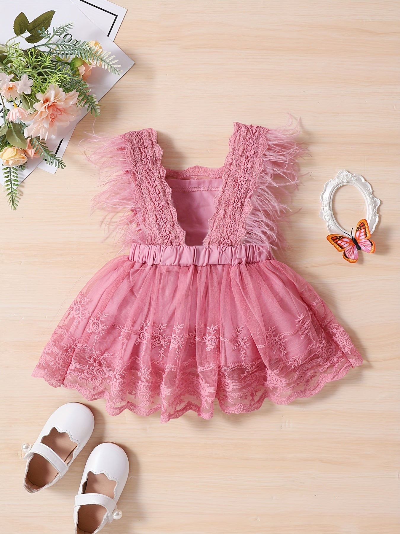 Feather Lace Sleeve Floral Fairy Princess Dress Infants Toddlers