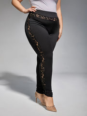 Casual Leggings Solid Lace Panel High Stretch Leggings