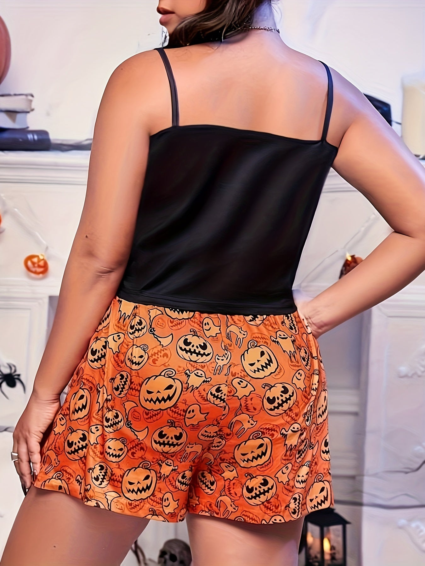 Plus Size Pumpkin & Ghost Print Crop Cami Top & Shorts Set