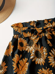 Sunflower Print Tie Waist Shorts for Spring & Summer
