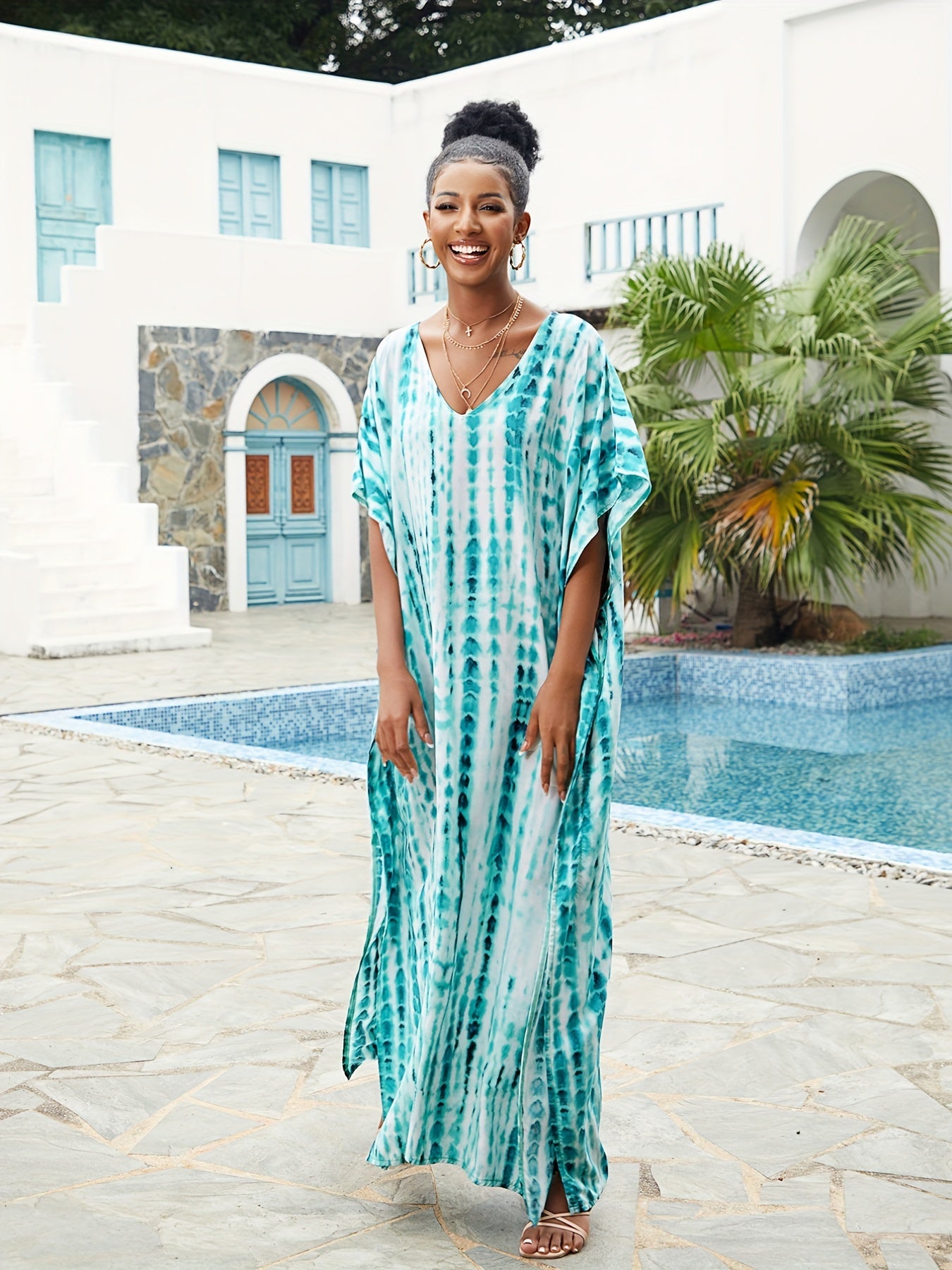 Women's Plus Tie Dye V Neck Bat Sleeve Maxi Cover Up Dress