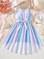 Girls' Rainbow V-Neck Dress High Low Belted Cami for Vacation Summer