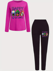 Halloween Print Two piece Set Casual Long Sleeve Tee & Skinny Pants
